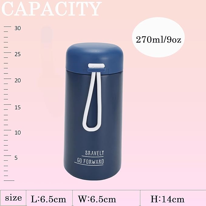 9oz Water Bottle Small Double Wall Insulated Mug,304 Stainless Steel for Hot&Cold Drinks,Leak Proof Water Bottle Vacuum Insulation with Carry Handle Dark Blue