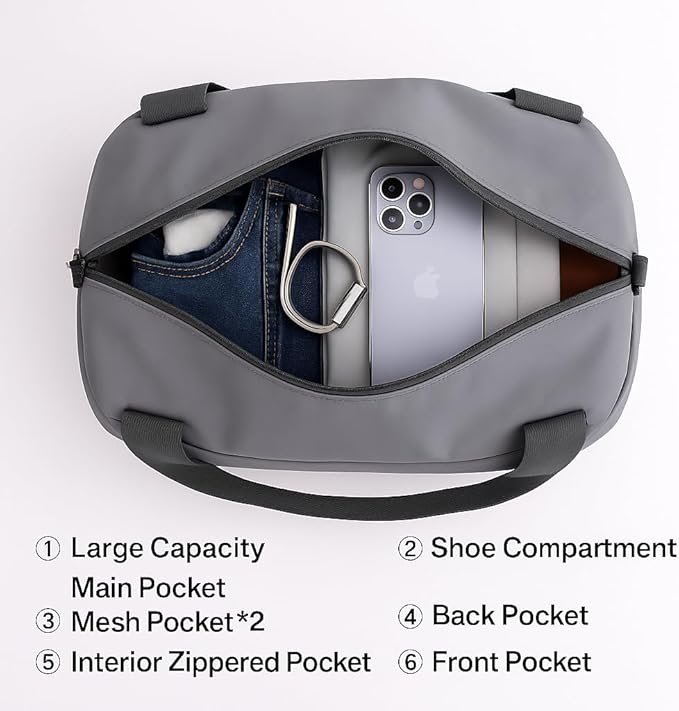 Gym Bag for Women Men with Shoe Compartment, Waterproof Small Duffle Bag for Travel, Sports, Weekend Lightweight Carry On Tote Bag(Gray)