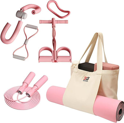 Yoga & Fitness Kit - Non-Slip 6mm Mat, Durable Resistance Tools, Premium Jump Rope, Adjustable Bag, Thigh Trainer | Home Workout & Pilates Essentials for Beginners