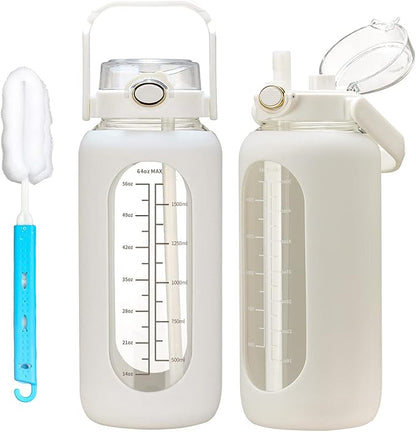 42oz/52oz/64oz Glass Water Bolttles with Straw Half Gallon Large Motivational Water Bottle with Time Marker Sports Water Bottles with Silicone Sleeve and Handle Lid Water Jug for Gym Workout