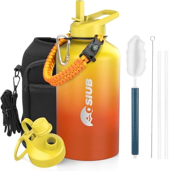 Insulated Water Bottle 64 oz, Triple Wall Vacuum Stainless Steel(Cold for 48 Hrs),Leak Proof & BPA-Free,Half Gallon Water Bottle with Reflective Paracord & Flip Straw for Sports & Travel, Sunset