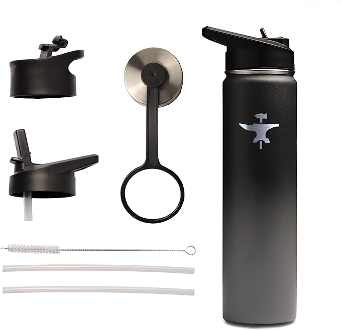 BodyForge Sports Water Bottle - 24oz, 3 Lids & Straw Lid, Leak Proof Stainless Steel Gym & Sport Bottles for Men, Women & Kids - Double Walled, Insulated Thermos, Metal Canteen