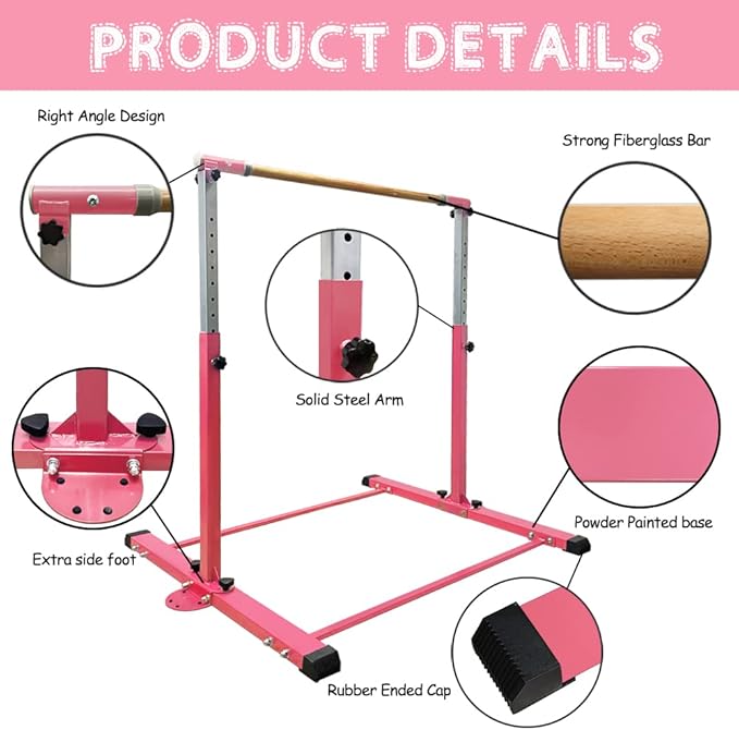 Gymnastics Bar for Kids Girls Ages 3-15 with Ring for Home Indoor Training Equipment- Steady Steel Construction, Anti-Slip, Easy to Assemble, 3' to 5' Adjustable Height