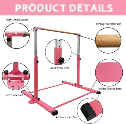 Gymnastics Bar for Kids Girls Ages 3-15 with Ring for Home Indoor Training Equipment- Steady Steel Construction, Anti-Slip, Easy to Assemble, 3' to 5' Adjustable Height