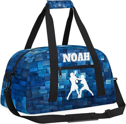 Custom Named Sports Bag for Boys, Personalized Gym Bag Sports Travel Duffle Bag Tote Carry On Weekend Sports Travel Workout Bag, White Boxing Silhouette Blue Geometric Background