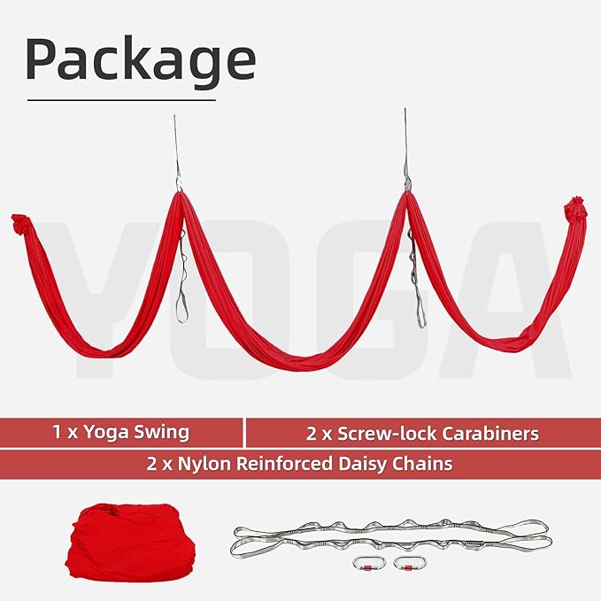 HECASA 6M Yoga Swing Silk Fabric Aerial Yoga Hammock Hanging Swing Kit w/Daisy Chain O-Ring Sling Inversion Workout Equipment Home Gym Set Indoor & Outdoor Red 6.56 Yards
