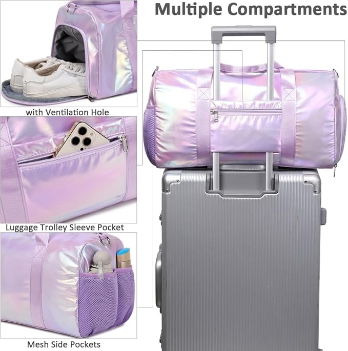 Dance Bag for Girls Sports Gym Duffle Bag with Shoes Compartment Wet Pocket Weekender Carry On Travel Duffel Bag for Teens Girls