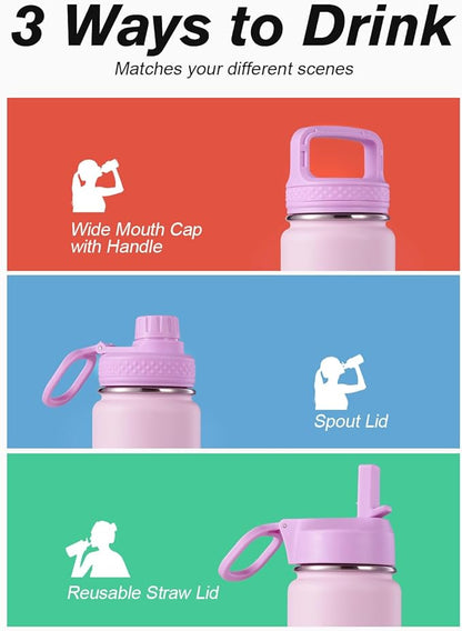 Coolflask Water Bottle 24 oz Insulated with Straw, Stainless Steel Metal 3 Lids Water Flask Wide Mouth for Sports or Office, Non-BPA Keep Cold Up to 48 Hrs or Hot Up to 24 Hrs, Pink