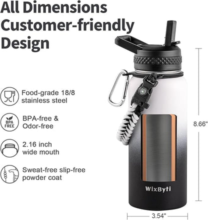 32 oz Insulated Water Bottle with Straw, Stainless Steel Triple Wall Vacuum Sports Water Jug, Leakproof Hydro Cup Flask with Paracord Handle & Straw Spout Lids & DIY Stickers