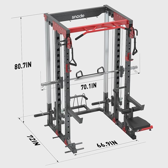SNODE ALL10 Smith Machine for Home Gym, Power Rack with Cable Crossover, Squat Rack with Leg Press and Advanced LAT Pull-Down Seat, 2000LB Weight Capacity