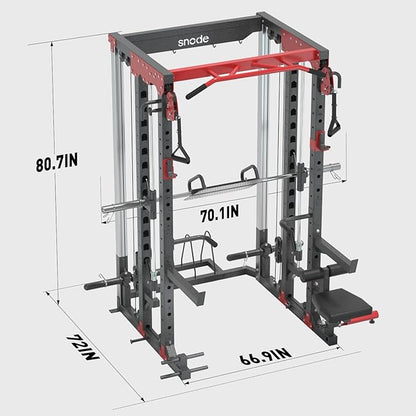 SNODE ALL10 Smith Machine for Home Gym, Power Rack with Cable Crossover, Squat Rack with Leg Press and Advanced LAT Pull-Down Seat, 2000LB Weight Capacity