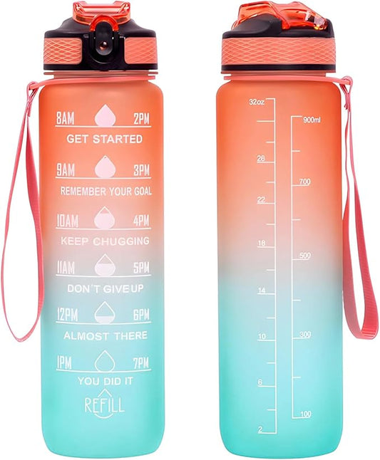32 oz Motivational Water Bottle with Time Marker,Water Bottles with Times to Drink and Straw with Carrying Strap,Perfect For Fitness Gym Outdoor,BPA Free (Orange & Green Gradient)