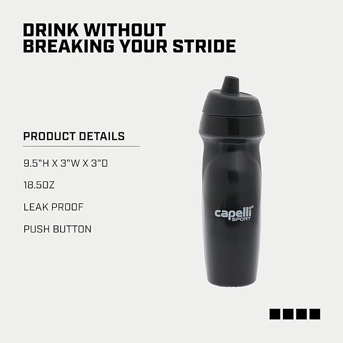 Capelli Sport Sports Water Bottle, Plastic Squeeze Water Bottle with Easy Open Nozzle and Grip Panels, Black, 18.5oz