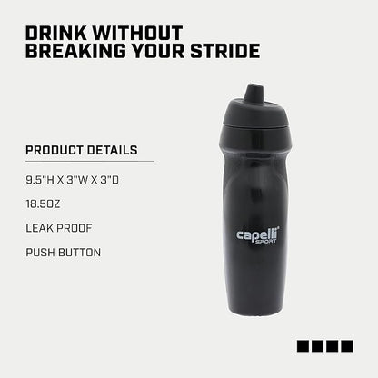 Capelli Sport Sports Water Bottle, Plastic Squeeze Water Bottle with Easy Open Nozzle and Grip Panels, Black, 18.5oz