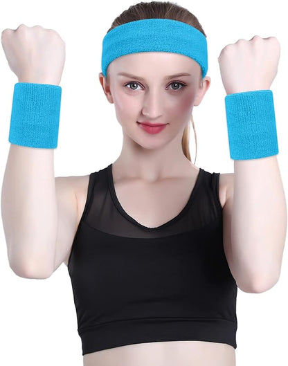 ONUPGO Sweatband Set Sports Headband Wristband Set Sweatbands Terry Cloth Wristband Wrist Sweatband Headbands Moisture Wicking Sweat Absorbing Head Band