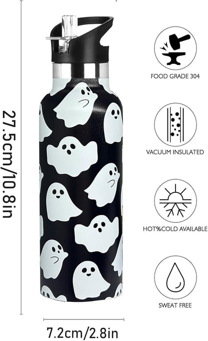 Halloween Ghost Sport Water Bottle with Straw, Vacuum Insulated Stainless Steel Thermal Drinking Travel Mug Cups For Gym Fitness Camping-20oz/600ml