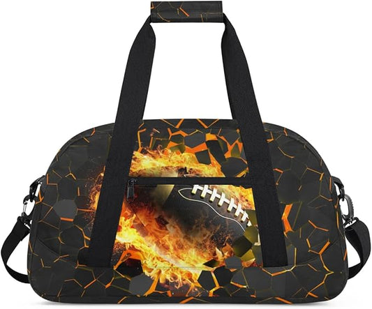 Kids Duffel Bag for Boys - Football Fire Sports Gym Bag Overnight Travel Weekender Bag Lightweight Carry On Sleepovers Bag for School Practice Gymnastics
