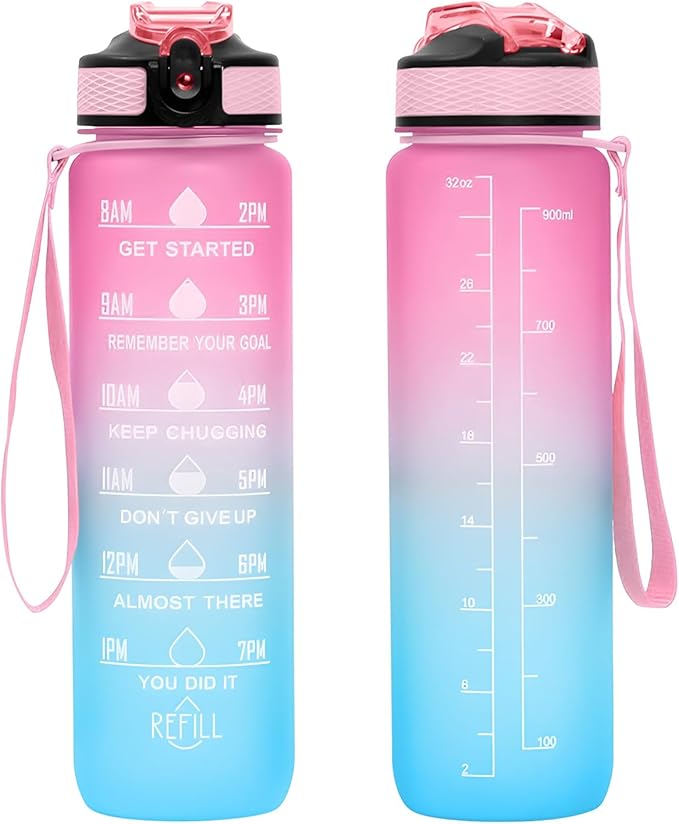 32 oz Water Bottles with Times to Drink and Straw, Motivational Water Bottle with Time Marker, Leakproof & BPA Free, Drinking Sports Water Bottle WIth Hand Strap for Fitness, Gym & Outdoor (pink-1)