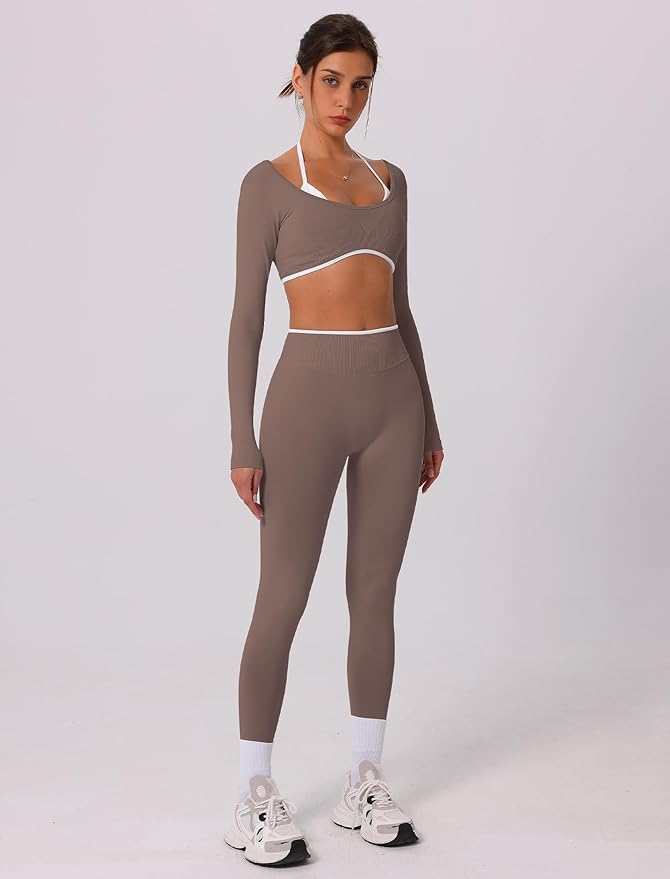ABOCIW Workout Sets for Women Long Sleeve Crop Top Scrunch Butt Lifting High Waist Leggings 2 Piece Gym Yoga Outfits