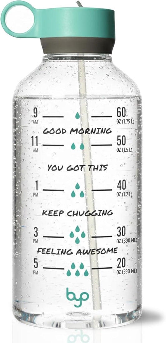 Byo 74 Oz Tritan Motivational Bottle with Straw (Mint) - BPA-Free & Leakproof with Wide Mouth, Carry Handle Lid, Dishwasher Safe - Hydration Tracker for Gym, Fitness, Healthy Lifestyle