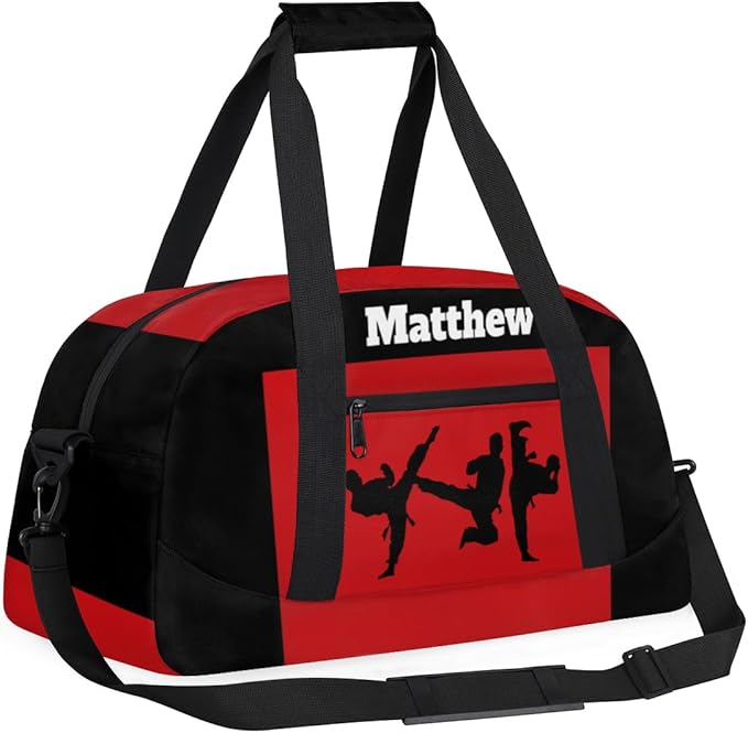 Custom Sports Gym Bag for Boys, Personalized Sports Gym Duffel Tote Workout Bag Named Rank Travel Overnight Training Bag, Martial Art Silhouette Black Red