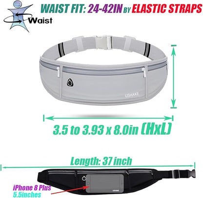 USHAKE Slim Running Belt, Workout Fanny Pack for Men Women,Exercise Waist Pack for Apple iPhone Holder, Runner Belt for Running Walking Cycling Camping Gym Light Grey