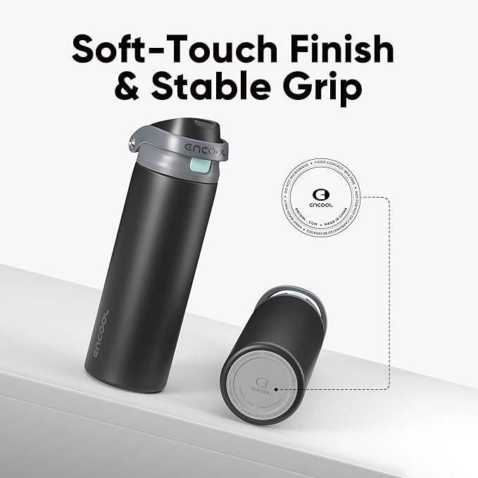 ENCOOL Leakproof Insulated Water Bottle with Straw Dual-Sip Water Bottle Bag-Safe Design for Work, Commute & Gym – Keeps Drinks Cold All Day, 18 oz, Charcoal Gray