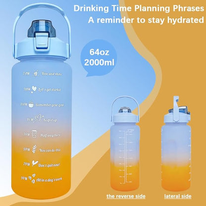 64 oz Large Capacity Water Bottle with Motivational Time Markers and Straw, Portable, Leakproof, BPA Free for Fitness, Gym and Outdoor Sports. (blue gradient)