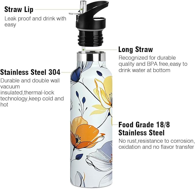 Abstract Floral Sport Water Bottle with Straw, Vacuum Insulated Stainless Steel Thermal Drinking Travel Mug Cups For Gym Fitness Camping-20oz/600ml