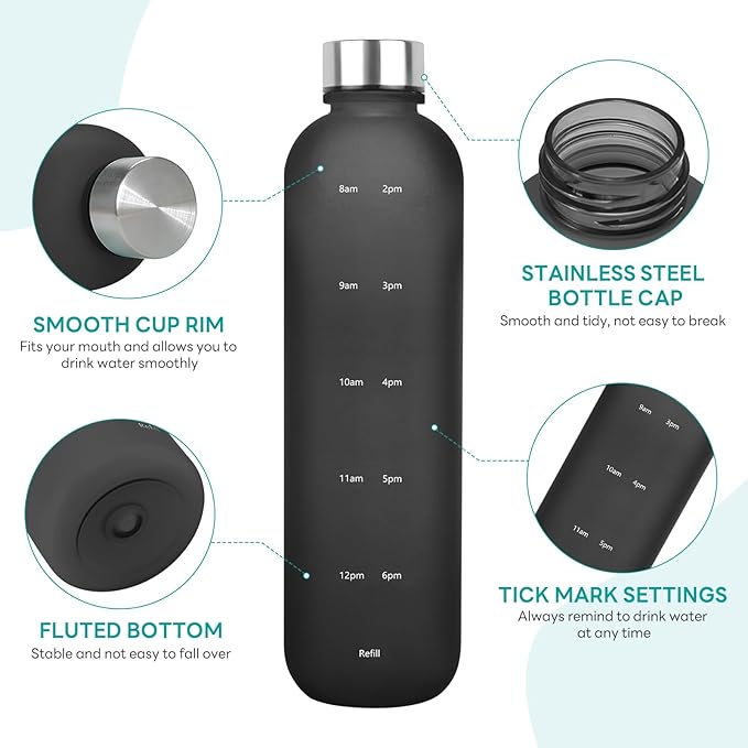 Water Bottle 32 oz, Frosted Style Sports Water Bottles BPA Free Water Bottle With Time Marker,Small mouth Leakproof Water Bottles with Strap for Gym Fitness Hiking Bike Camping (Black)