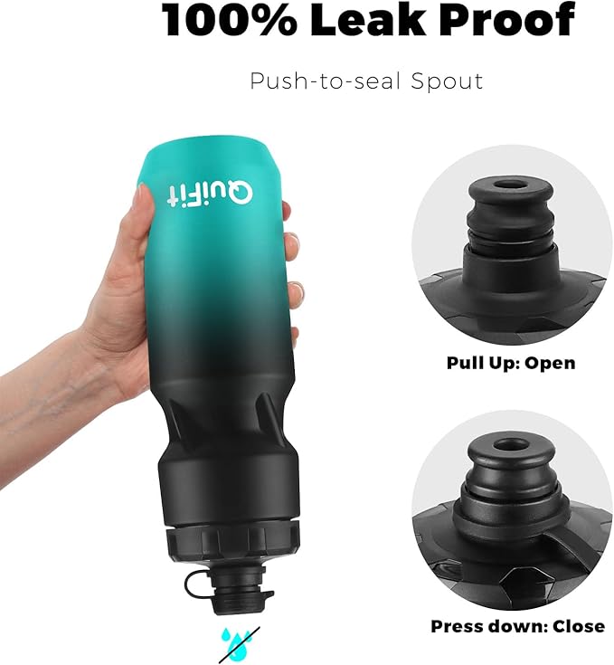 QuiFit Squeeze Water Bottle 2-Pack, Leak Proof Mountain Bike Water Bottle Plastic with Dust Cover, BPA Free, Fits Most Bike Cup Holders, for Outdoors, Riding, Gym(Black+Black Green, 24oz)