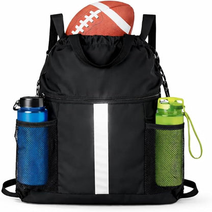 PPZ Drawstring Sports Backpack with Side Mesh Pockets, Lightweight Gym & Travel Bag with Water Bottle Holders for Fitness, Outdoor Activities and Daily Use – Black with White Stripe