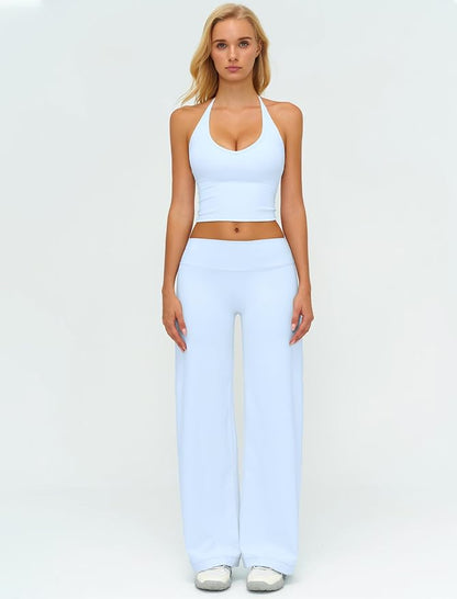 Womens Workout Sets Two Piece Spaghetti Straps Crop Top Matching Straight Leg Pants Gym Work Pilates Outfits