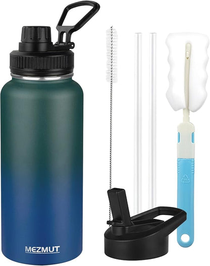 Insulated Water Bottle with Straw&2 Lids 32oz Metal Water Bottle Leakproof Travel Stainless Steel Water Bottles Reusable Double Wall Gym Sports Cup Flask for Camping Hiking, Green Blue