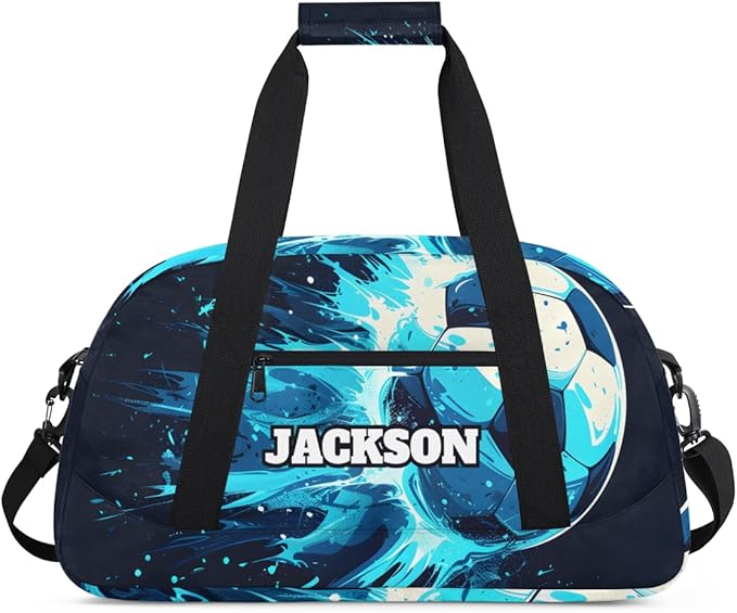 Personalized Soccer Gym Duffel Bags for Kids Boys with Custom Name Sport Training Travel Bags for Overnight Weekender, Black Cyan