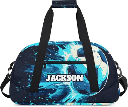 Personalized Soccer Gym Duffel Bags for Kids Boys with Custom Name Sport Training Travel Bags for Overnight Weekender, Black Cyan
