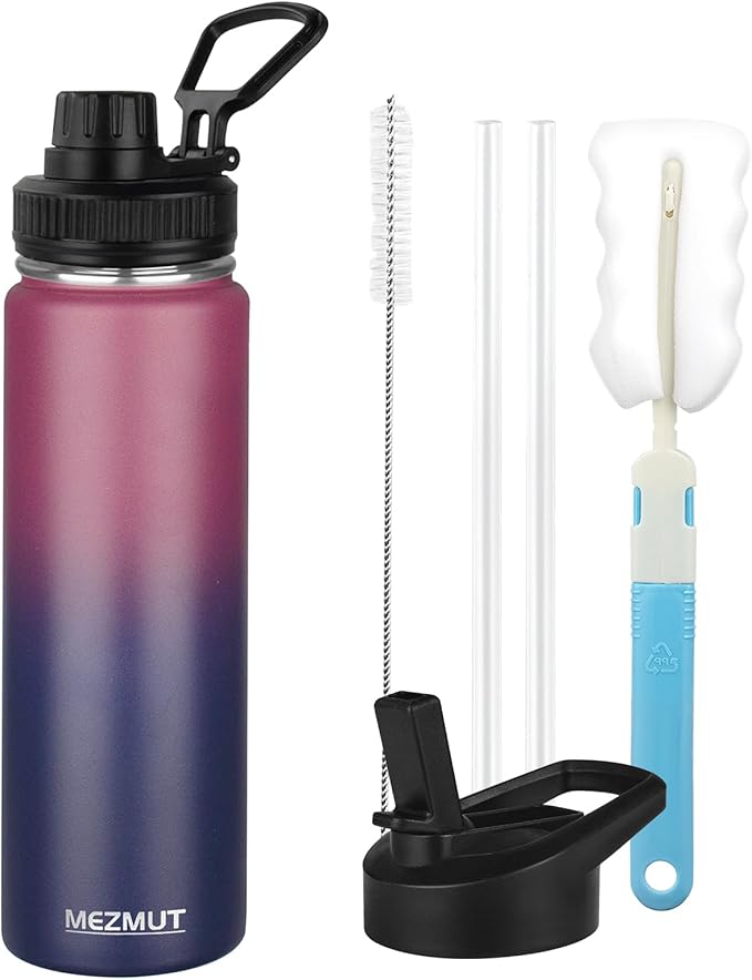MEZMUT 18oz Insulated Water Bottle with Straw&3 Lids Stainless Steel Water Bottles Kids Metal Cups Water Bottle Cup for School Vacuum Insulated Bottles Leak-Proof Travel Cup (Gradient Red Blue)