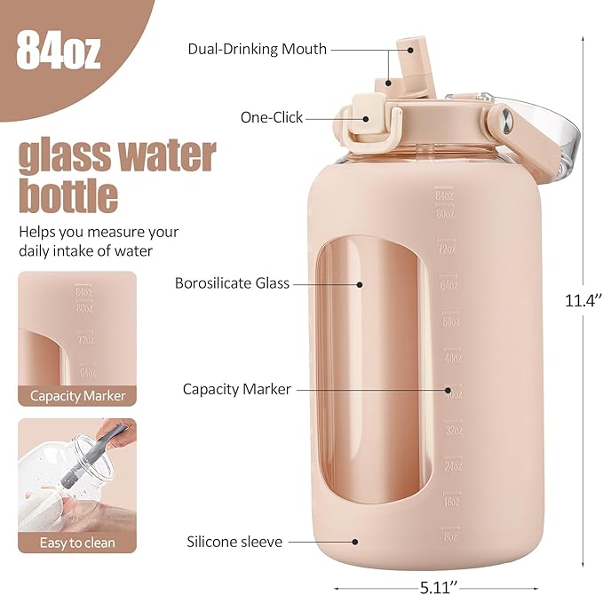 BLUEGO 84oz Glass Water Bottle with Straw and Handle, Large Water Bottle with Sip & Chug Lid, 2.5L Water Jug Silicone Sleeve with Time, Full Day Drinking Bottle for Sports BPA Free, Amber