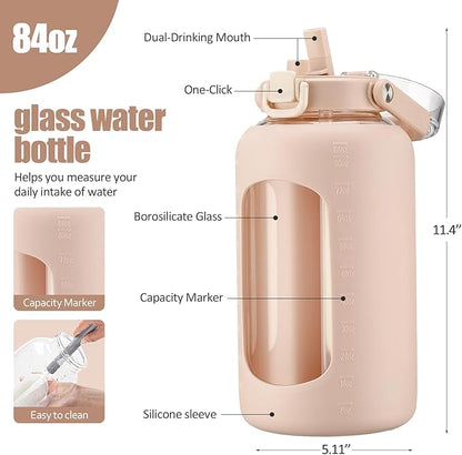 BLUEGO 84oz Glass Water Bottle with Straw and Handle, Large Water Bottle with Sip & Chug Lid, 2.5L Water Jug Silicone Sleeve with Time, Full Day Drinking Bottle for Sports BPA Free, Amber