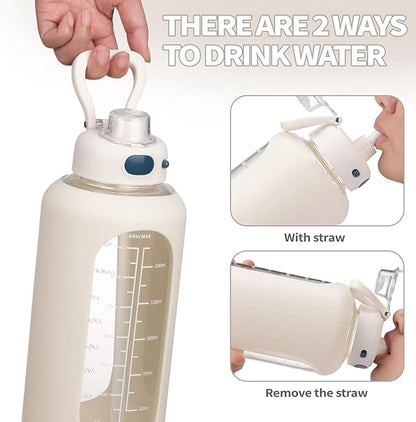 SIEROZUR 42 oz Glass Water Bottle with Straw and Handle Half Gallon Large Water Bottle with Silicone Sleeve and Time Marker Sports Water Jug Wide Mouth for Travel Gym