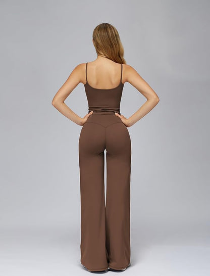 Womens Workout Sets Two Piece Spaghetti Straps Crop Top Matching Straight Leg Pants Gym Work Pilates Outfits