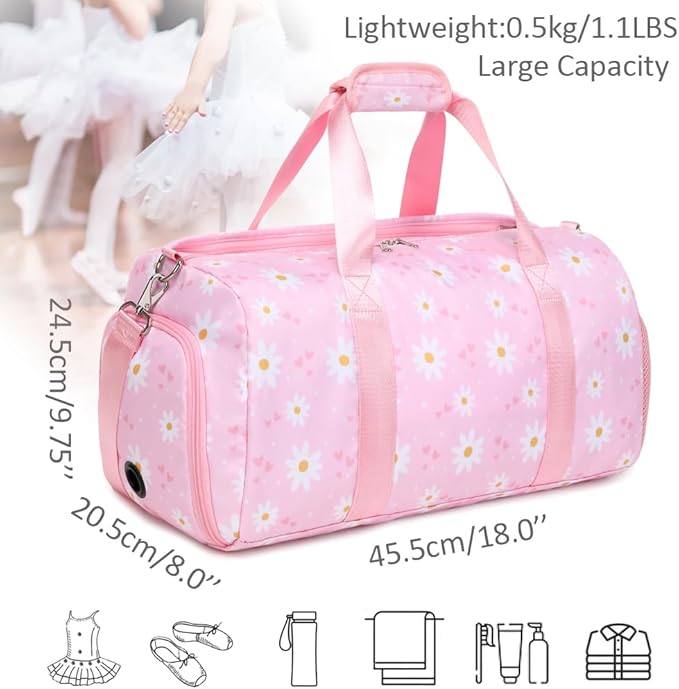 Sports Duffel Bag for Girls Daisy Dance Bag for Girls Water Resistant Sports Gym Bag Weekend Sleepover Bags with Shoes Compartment Wet Pocket