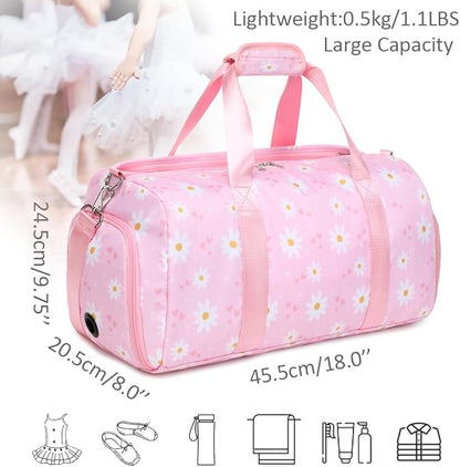 Sports Duffel Bag for Girls Daisy Dance Bag for Girls Water Resistant Sports Gym Bag Weekend Sleepover Bags with Shoes Compartment Wet Pocket