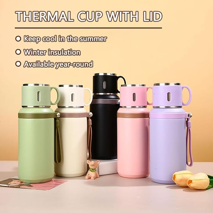 2 In 1 Stainless Steel Vacuum Insulated Bottle with Lidded Cup, Insulated Tumblers with Handles, Leakproof Large Capacity Water Bottle, Keeps Drinks Hot & Cold for Travel, Gym, School (Green)