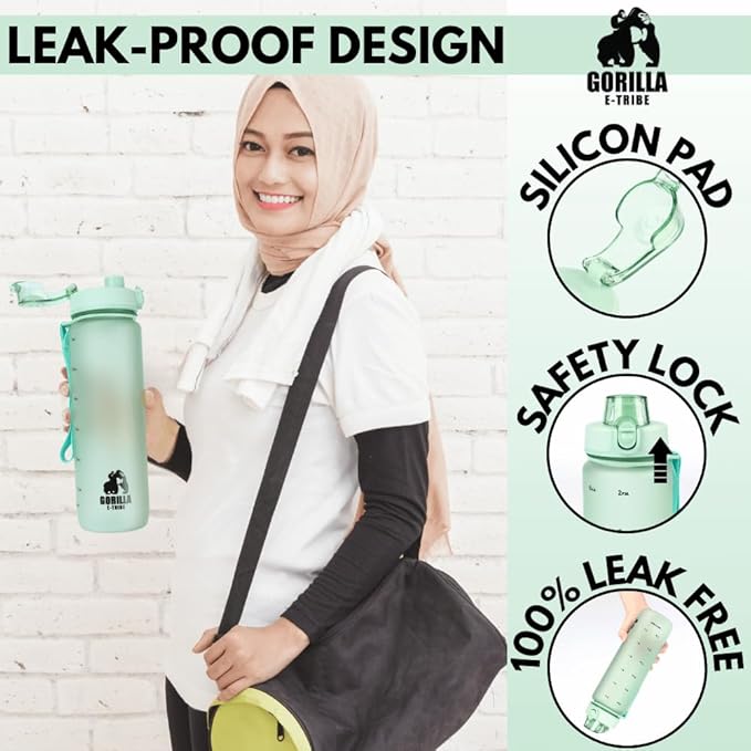 Green Water Bottle Time Marker (32oz) - Daily Intake Tracking - BPA Free & Leak Proof Protein Shake Bottle - Ideal for Gym, Office, School & Hiking