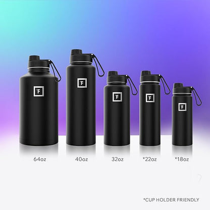 IRON °FLASK Camping & Hiking Hydration Flask with Spout, Wide Mouth Insulated Stainless Steel Sports Water Bottle - 40 oz Midnight Black