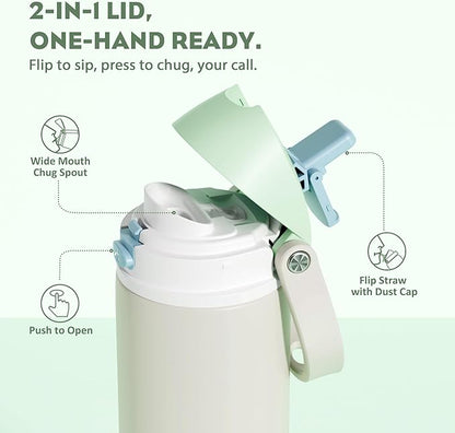 POWCAN 18 oz Steel Insulated Water Bottle: 2-in-1 Push-Button Spout & Flip Straw Lid, Leakproof, Cold 24 Hrs, Fits Car Cup Holder, Reusable Metal Sports Bottle for Travel, Gym, School (Icy Drift)