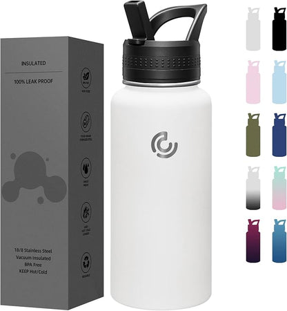 COKTIK 32oz Sports Water Bottle, Stainless Steel Water Bottle for Insulated, Reusable Travel Bottle, With Straw, With Handle Grip for Easy Carrying, Suitable for Cycling, Outdoor Vacations(White)
