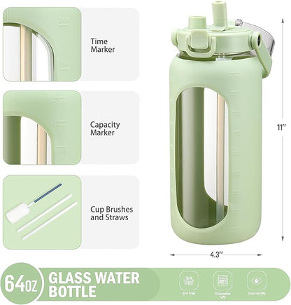 BLUEGO 64oz Glass Water Bottles with Straw Time Marker Half Gallon Large Motivational Water Bottle with Silicone Sleeve 2 Liter Large Glass Water Jug for Gym, Sports& Workout, Daily, Green