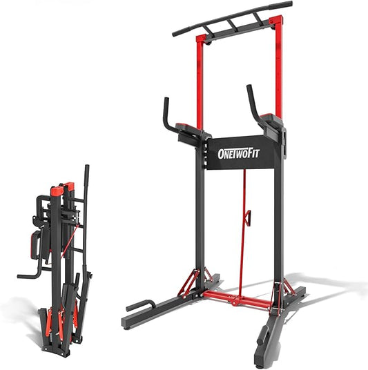 ONETWOFIT Foldable Power Tower Pull Up Bar Station, Multi-Function Adjustable Height Pull Up Dip Station for Gym Workout, Strength Training Fitness Equipment, Pull Up Stand Pro 400LBS/Pro Max 600LBS